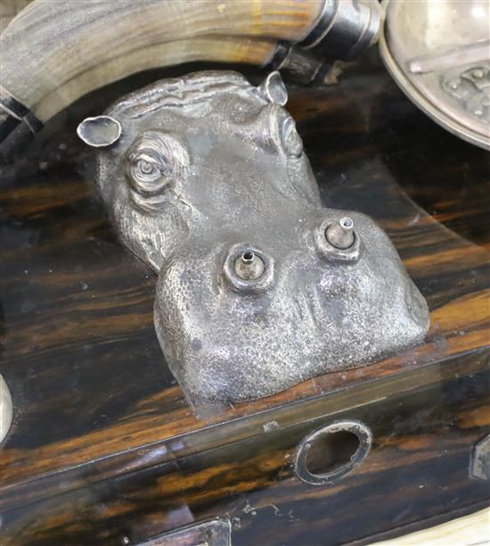 An impressive Victorian silver and hippopotamus tusk mounted coromandel wood rectangular smokers compendium, width approx. 48cm.